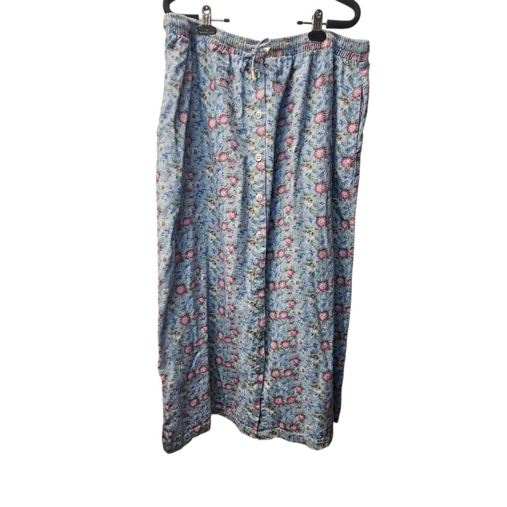 Vtg Y2K Denim Floral 100% Cotton Button Front XL Midi Skirt Pockets New Look